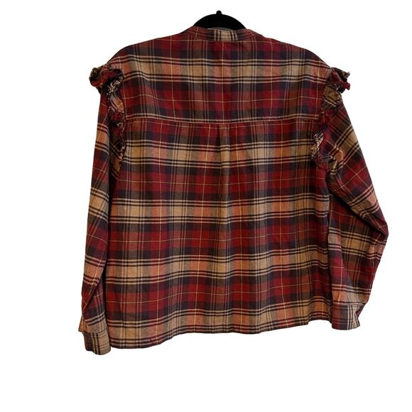 Something Navy Ruffle Flannel Shoulder Button Down Cotton Blouse Size Small EUC - Picture 2 of 7